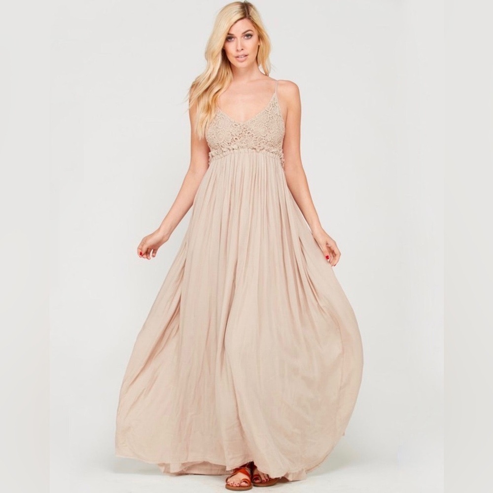 Wishlist Women L Boho Maxi Dress Strappy Tan Backless Crochet Flowy Beachy Hippi